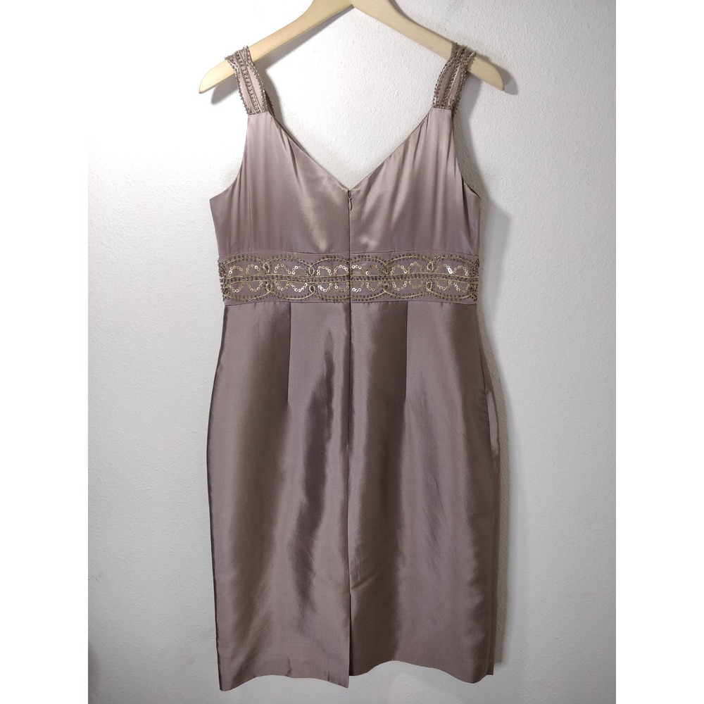 Adrianna Papell Tan 100% Silk Embellished Sleeveless Cocktail Sheath Dress 12 - Picture 6 of 9